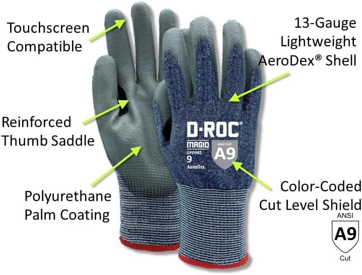MAGID Cut Resistant Polyurethane Coated AeroDex Work Gloves - Cut Level A9, 13GA, Touchscreen Compatible