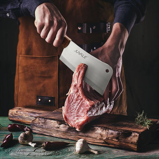 Meat Cleaver - 8-Inch Stainless Steel Blade, Wood Handle - Heavy-Duty Butcher Knife & Bone Cleaver for Beef Brisket, Meat Cutting & Chopping - Chopping Knife