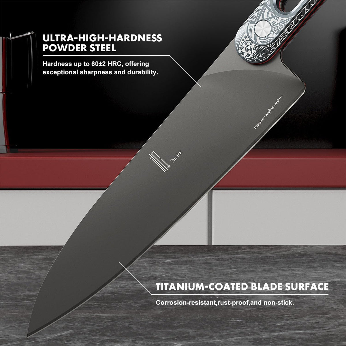Japanese Chef Knife 8 Inch: ZDF-905 Powder Steel, Ultra Sharp Kitchen Knife, Full Tang Professional Chef Knife with Interchangeable Aluminum Handle, Purism Series
