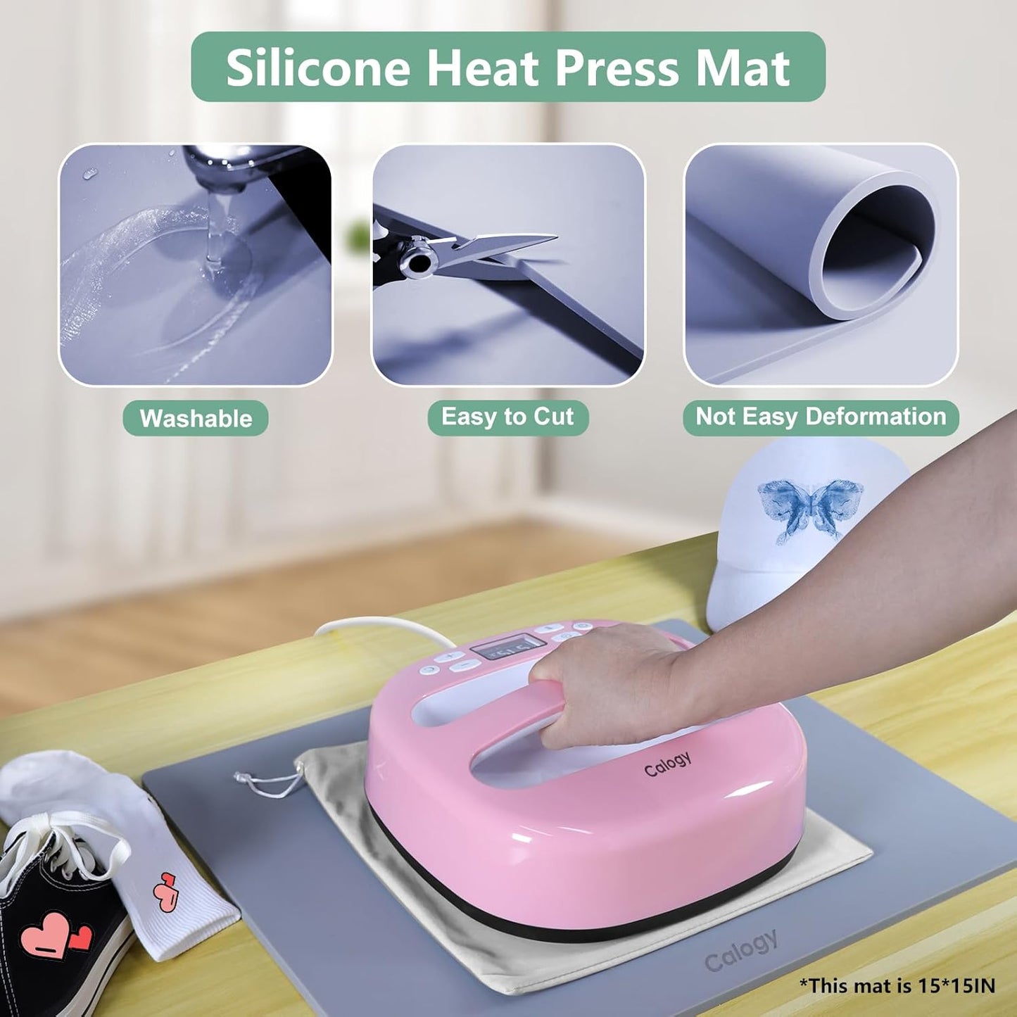 Heat Press Mat Silicone 15x15 inch, Heat Press Pad Resistant Fireproof 0.34in Thickness, Double Sided Easy Washable Mat for Vinyl Ironing Insulation Transfer Crafting Sublimation Projects