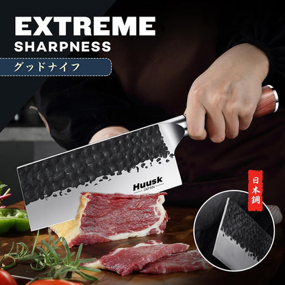 Huusk Knives from Japan, Meat Cleaver Heavy Duty Chopping Knife | Hand Forged Butcher Knife for Meat Cutting Kitchen Vegetable Knives for Home, Fathers' Day Gift Idea for Men Dad