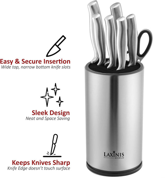 Universal Knife Block, Stainless Steel Round Knife Holder with Scissors-Slot, Counter-top Storage, Holds 12 8.5”-Blade Knives, 9” by 4.5” (knives not included)