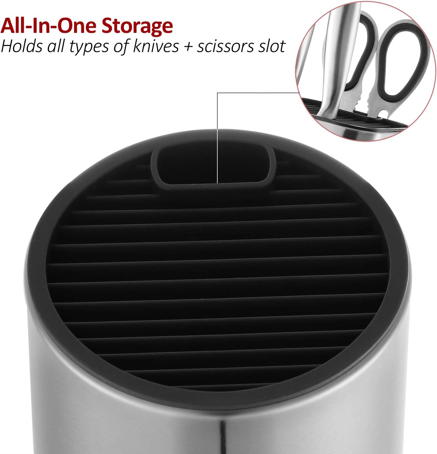 Universal Knife Block, Stainless Steel Round Knife Holder with Scissors-Slot, Counter-top Storage, Holds 12 8.5”-Blade Knives, 9” by 4.5” (knives not included)