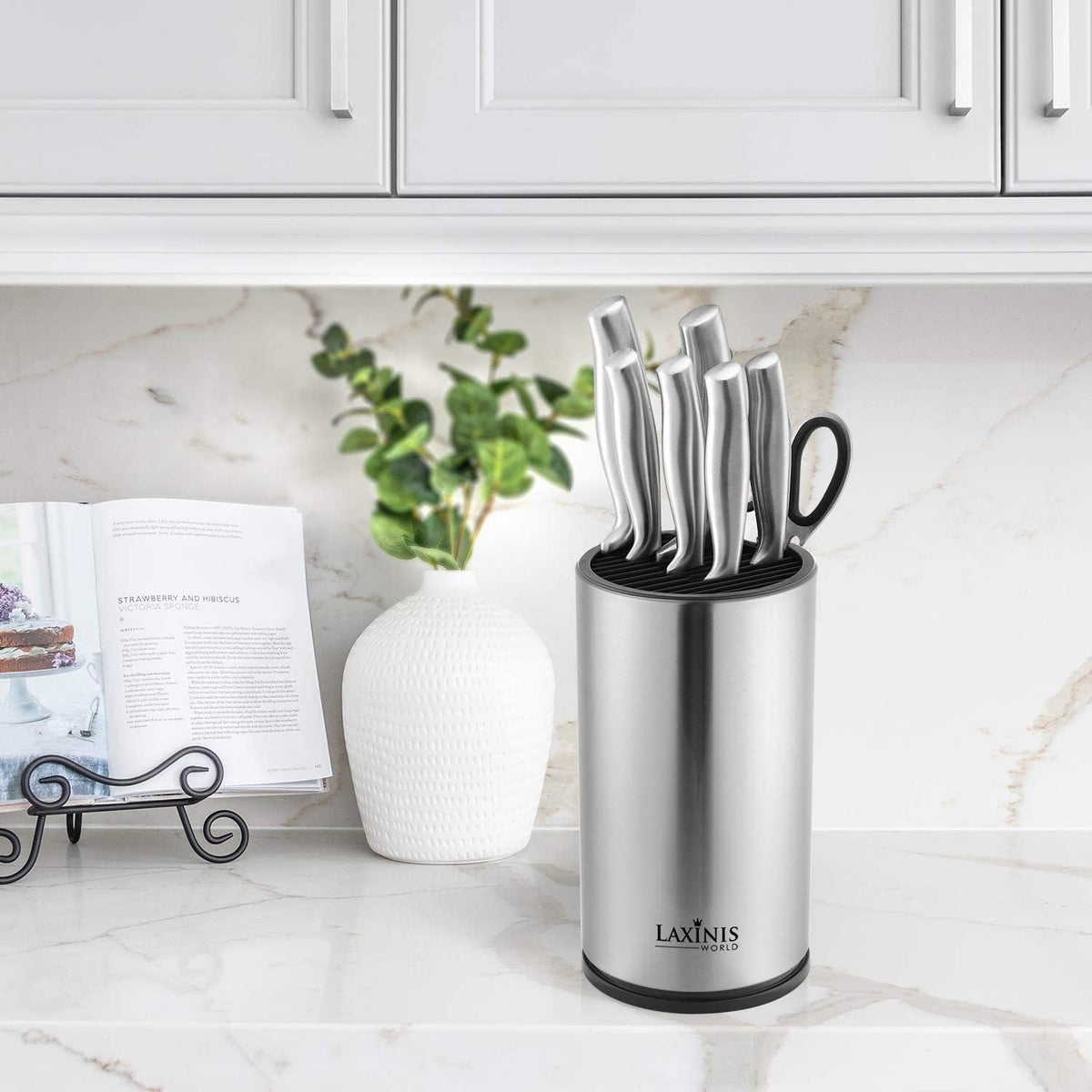Universal Knife Block, Stainless Steel Round Knife Holder with Scissors-Slot, Counter-top Storage, Holds 12 8.5”-Blade Knives, 9” by 4.5” (knives not included)