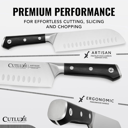 Santoku Knife, 7" Meat & Vegetable Chopping Knife – Sheath Included | Forged High Carbon German Steel, Full Tang Razor Sharp – Ergonomic Handle, Artisan Series