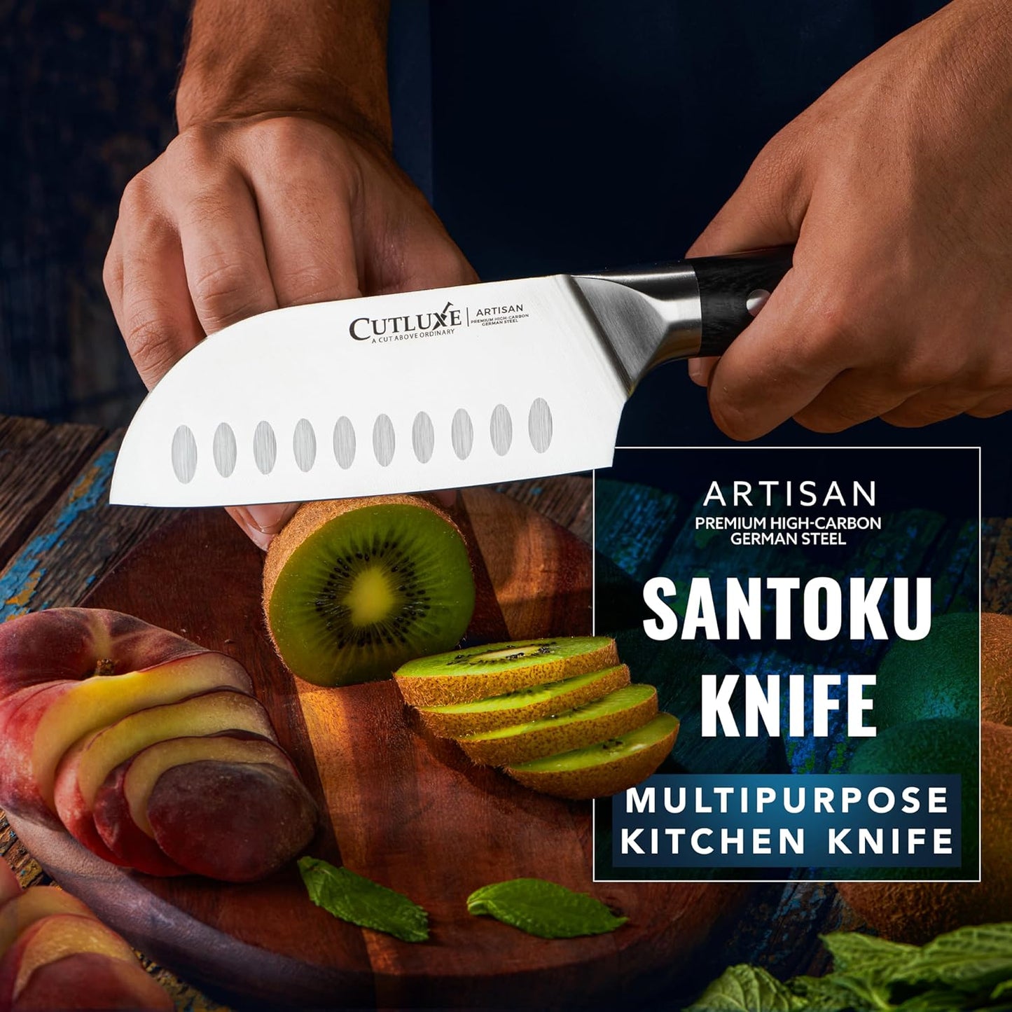 Santoku Knife, 7" Meat & Vegetable Chopping Knife – Sheath Included | Forged High Carbon German Steel, Full Tang Razor Sharp – Ergonomic Handle, Artisan Series