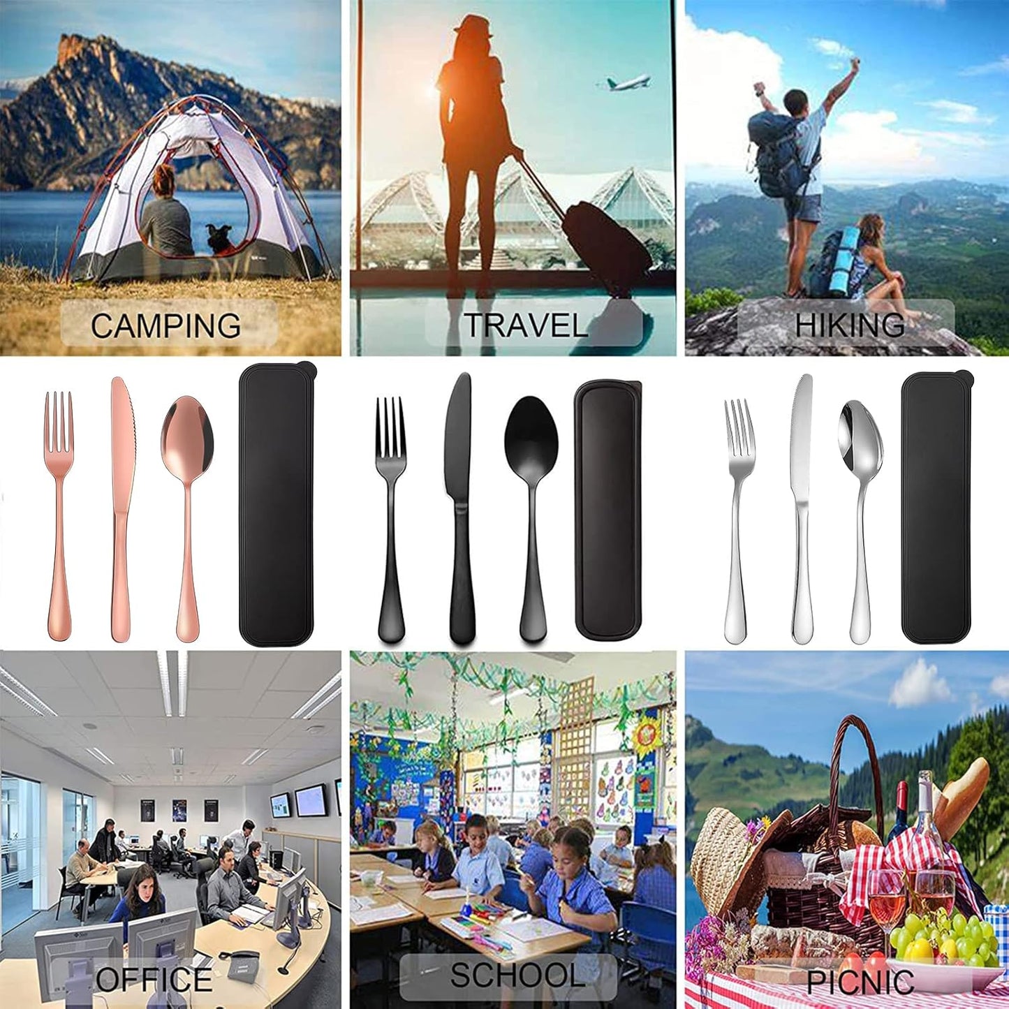 Portable Travel Utensils Set with Case,Reusable Office Flatware Set,Healthy Travel Cutlery Set 3 PCs Stainless Steel Fork, Spoon,Knife Cutlery Ideal for Travel, Lunch Box and Camping (Rose Gold-3PCs)