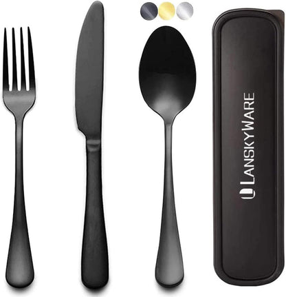 Portable Travel Utensils Set with Case,Reusable Office Flatware Set,Healthy Travel Cutlery Set 3 PCs Stainless Steel Fork, Spoon,Knife Cutlery Ideal for Travel, Lunch Box and Camping (Rose Gold-3PCs)
