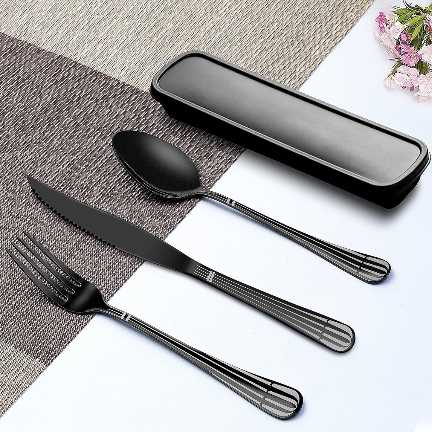 Portable Travel Utensils Set with Case,Reusable Office Flatware Set,Healthy Travel Cutlery Set 3 PCs Stainless Steel Fork, Spoon,Knife Cutlery Ideal for Travel, Lunch Box and Camping (Rose Gold-3PCs)