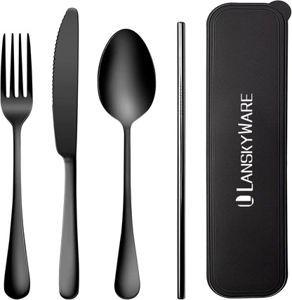 Portable Travel Utensils Set with Case,Reusable Office Flatware Set,Healthy Travel Cutlery Set 3 PCs Stainless Steel Fork, Spoon,Knife Cutlery Ideal for Travel, Lunch Box and Camping (Rose Gold-3PCs)