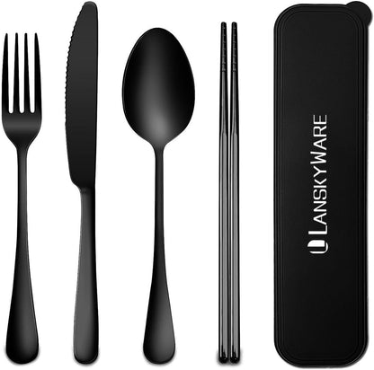 Portable Travel Utensils Set with Case,Reusable Office Flatware Set,Healthy Travel Cutlery Set 3 PCs Stainless Steel Fork, Spoon,Knife Cutlery Ideal for Travel, Lunch Box and Camping (Rose Gold-3PCs)