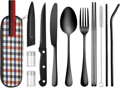 Portable Travel Utensils Set with Case,Reusable Office Flatware Set,Healthy Travel Cutlery Set 3 PCs Stainless Steel Fork, Spoon,Knife Cutlery Ideal for Travel, Lunch Box and Camping (Rose Gold-3PCs)