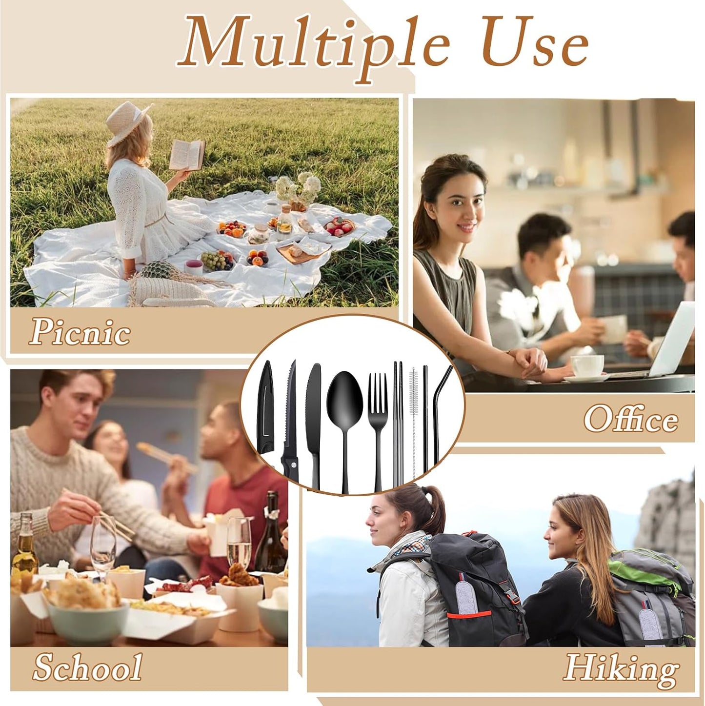Portable Travel Utensils Set with Case,Reusable Office Flatware Set,Healthy Travel Cutlery Set 3 PCs Stainless Steel Fork, Spoon,Knife Cutlery Ideal for Travel, Lunch Box and Camping (Rose Gold-3PCs)