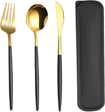 Portable Travel Utensils Set with Case,Reusable Office Flatware Set,Healthy Travel Cutlery Set 3 PCs Stainless Steel Fork, Spoon,Knife Cutlery Ideal for Travel, Lunch Box and Camping (Rose Gold-3PCs)
