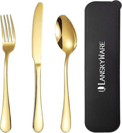 Portable Travel Utensils Set with Case,Reusable Office Flatware Set,Healthy Travel Cutlery Set 3 PCs Stainless Steel Fork, Spoon,Knife Cutlery Ideal for Travel, Lunch Box and Camping (Rose Gold-3PCs)