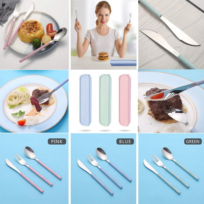Portable Travel Utensils Set with Case,Reusable Office Flatware Set,Healthy Travel Cutlery Set 3 PCs Stainless Steel Fork, Spoon,Knife Cutlery Ideal for Travel, Lunch Box and Camping (Rose Gold-3PCs)