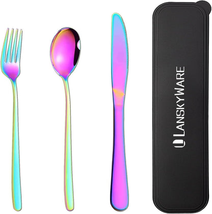 Portable Travel Utensils Set with Case,Reusable Office Flatware Set,Healthy Travel Cutlery Set 3 PCs Stainless Steel Fork, Spoon,Knife Cutlery Ideal for Travel, Lunch Box and Camping (Rose Gold-3PCs)
