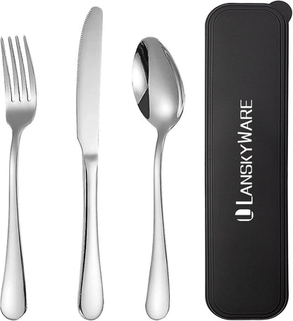 Portable Travel Utensils Set with Case,Reusable Office Flatware Set,Healthy Travel Cutlery Set 3 PCs Stainless Steel Fork, Spoon,Knife Cutlery Ideal for Travel, Lunch Box and Camping (Rose Gold-3PCs)