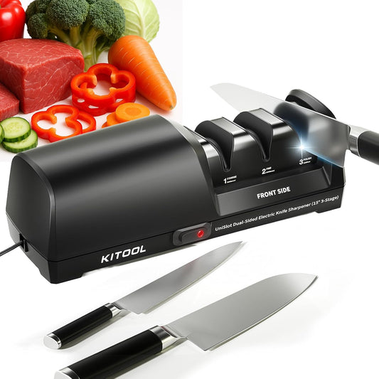 Electric Knife Sharpener, Dual-Sided 3-Stage Sharpener with Diamond Abrasives & Precision Guides, Professional Sharpener for Straight, Serrated & Ceramic Knives