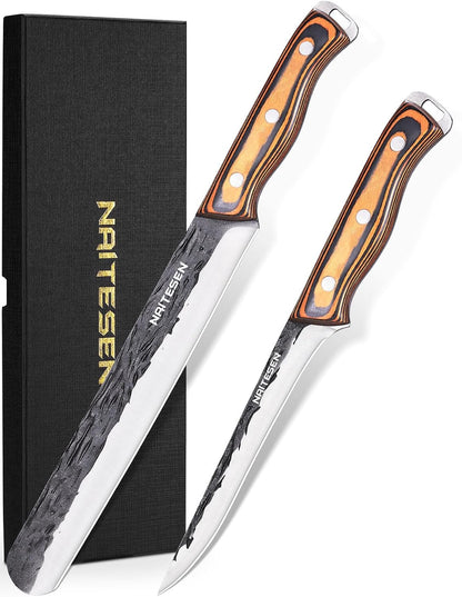 Professional Brisket Carving Knife Set for Men | Grilling Knives, Hand Forged Super Sharp Butcher Slicing Knife Boning Knife for Meat Turkey Cutting Home Kitchen BBQ