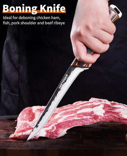 Professional Brisket Carving Knife Set for Men | Grilling Knives, Hand Forged Super Sharp Butcher Slicing Knife Boning Knife for Meat Turkey Cutting Home Kitchen BBQ
