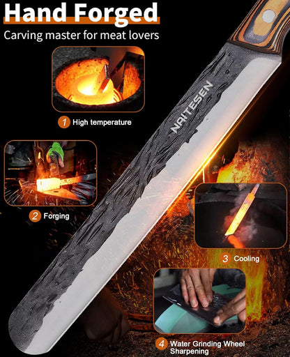 Professional Brisket Carving Knife Set for Men | Grilling Knives, Hand Forged Super Sharp Butcher Slicing Knife Boning Knife for Meat Turkey Cutting Home Kitchen BBQ