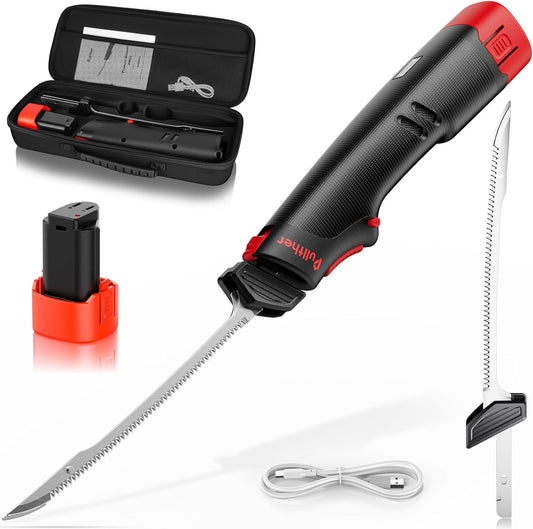 Electric Knife with 9" Stainless Steel Blades, 27500 RPM Motor Rechargeable Cordless Electric Fillet Knife with Non-slip Grip Handle,Type-C Charge, Portable Carry Case
