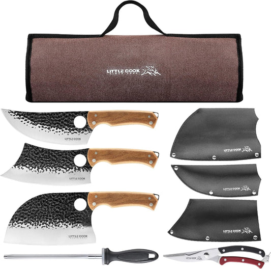 9PCS Butcher Knife Set, 7" butcher meat cleaver, a 7" Serbian chef knife, a 6.5" Viking knife, 3 Knife Sheath, Poultry Shears, Honing steel and Knife Roll Bag (Unique Bull Pattern)