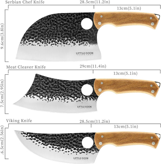 9PCS Butcher Knife Set, 7" butcher meat cleaver, a 7" Serbian chef knife, a 6.5" Viking knife, 3 Knife Sheath, Poultry Shears, Honing steel and Knife Roll Bag (Unique Bull Pattern)