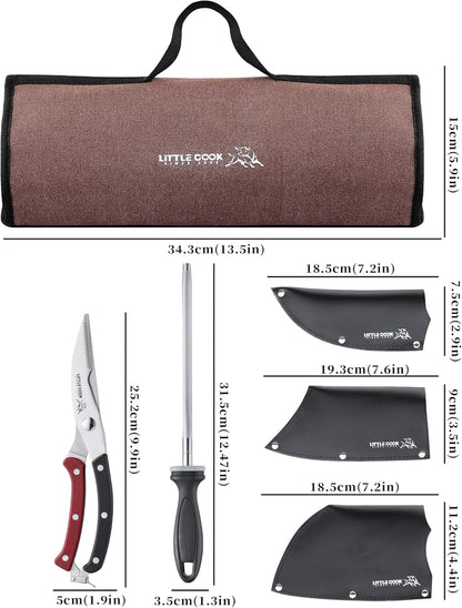 9PCS Butcher Knife Set, 7" butcher meat cleaver, a 7" Serbian chef knife, a 6.5" Viking knife, 3 Knife Sheath, Poultry Shears, Honing steel and Knife Roll Bag (Unique Bull Pattern)