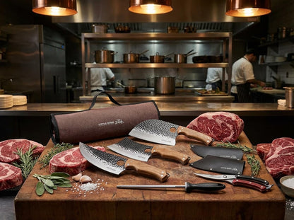 9PCS Butcher Knife Set, 7" butcher meat cleaver, a 7" Serbian chef knife, a 6.5" Viking knife, 3 Knife Sheath, Poultry Shears, Honing steel and Knife Roll Bag (Unique Bull Pattern)