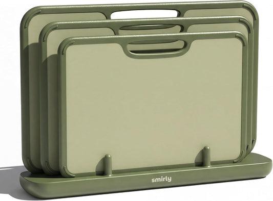 Plastic Cutting Board Set with Holder, 3 Pack, Green | Non-Slip, for Kitchen, Dishwasher Safe, Essential Kitchen Gadgets, Cooking Prep Mats for Meat and Vegetables