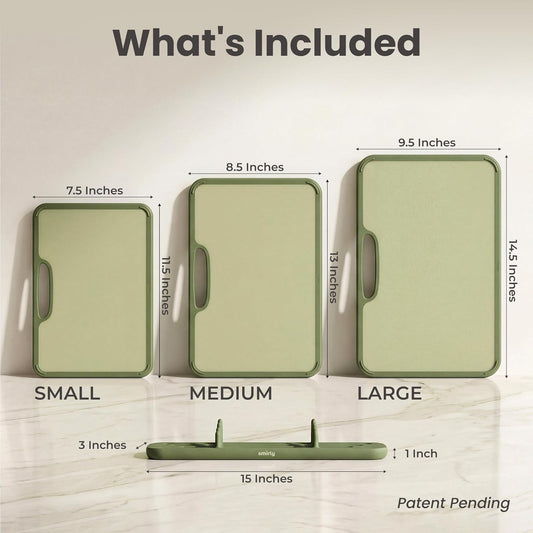 Plastic Cutting Board Set with Holder, 3 Pack, Green | Non-Slip, for Kitchen, Dishwasher Safe, Essential Kitchen Gadgets, Cooking Prep Mats for Meat and Vegetables
