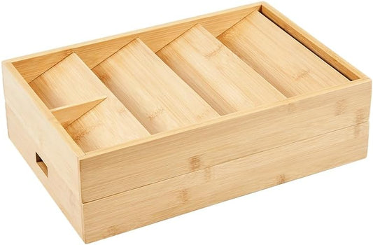 Bamboo Expandable Flatware Drawer Organizer Stackable Bamboo Silverware Drawer Organizer – 2-Tier Kitchen Utensil Tray with Compartments, Flatware Organizer for Spoons