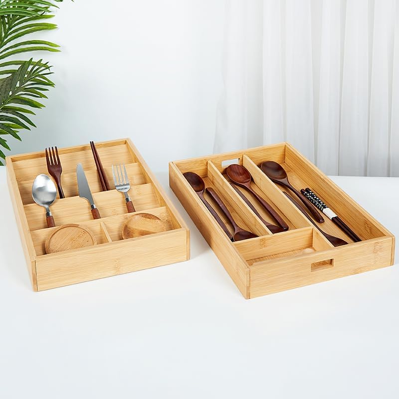 Bamboo Expandable Flatware Drawer Organizer Stackable Bamboo Silverware Drawer Organizer – 2-Tier Kitchen Utensil Tray with Compartments, Flatware Organizer for Spoons