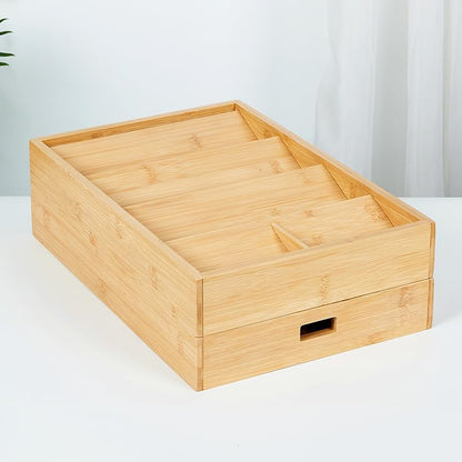 Bamboo Expandable Flatware Drawer Organizer Stackable Bamboo Silverware Drawer Organizer – 2-Tier Kitchen Utensil Tray with Compartments, Flatware Organizer for Spoons