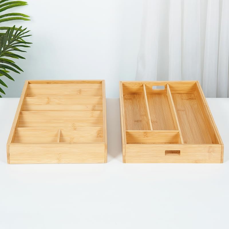 Bamboo Expandable Flatware Drawer Organizer Stackable Bamboo Silverware Drawer Organizer – 2-Tier Kitchen Utensil Tray with Compartments, Flatware Organizer for Spoons