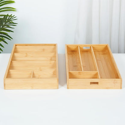Bamboo Expandable Flatware Drawer Organizer Stackable Bamboo Silverware Drawer Organizer – 2-Tier Kitchen Utensil Tray with Compartments, Flatware Organizer for Spoons