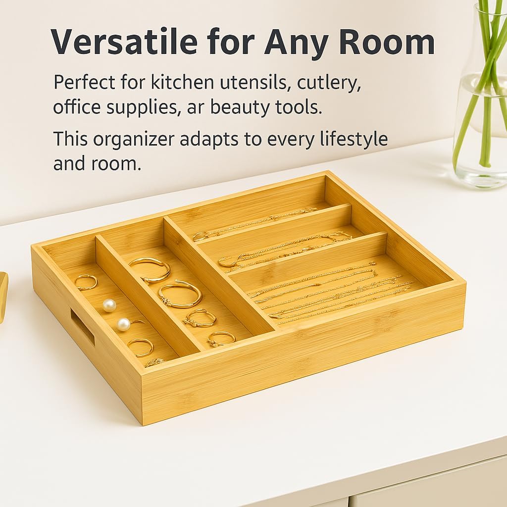 Bamboo Expandable Flatware Drawer Organizer Stackable Bamboo Silverware Drawer Organizer – 2-Tier Kitchen Utensil Tray with Compartments, Flatware Organizer for Spoons