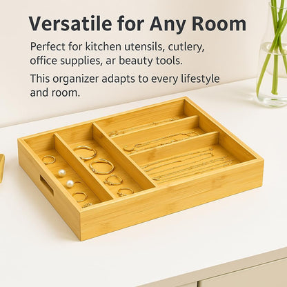 Bamboo Expandable Flatware Drawer Organizer Stackable Bamboo Silverware Drawer Organizer – 2-Tier Kitchen Utensil Tray with Compartments, Flatware Organizer for Spoons