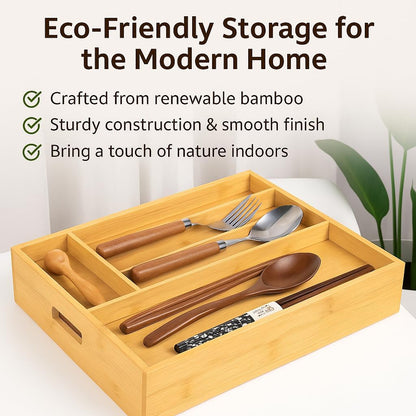 Bamboo Expandable Flatware Drawer Organizer Stackable Bamboo Silverware Drawer Organizer – 2-Tier Kitchen Utensil Tray with Compartments, Flatware Organizer for Spoons