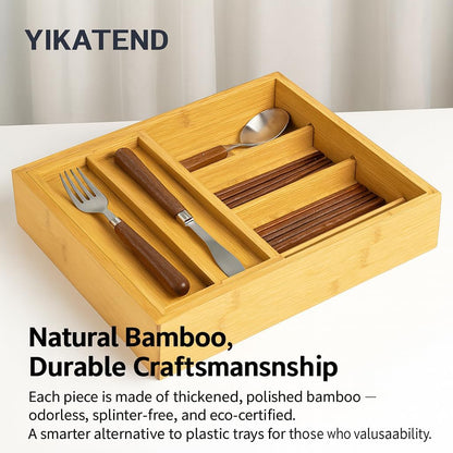 Bamboo Expandable Flatware Drawer Organizer Stackable Bamboo Silverware Drawer Organizer – 2-Tier Kitchen Utensil Tray with Compartments, Flatware Organizer for Spoons