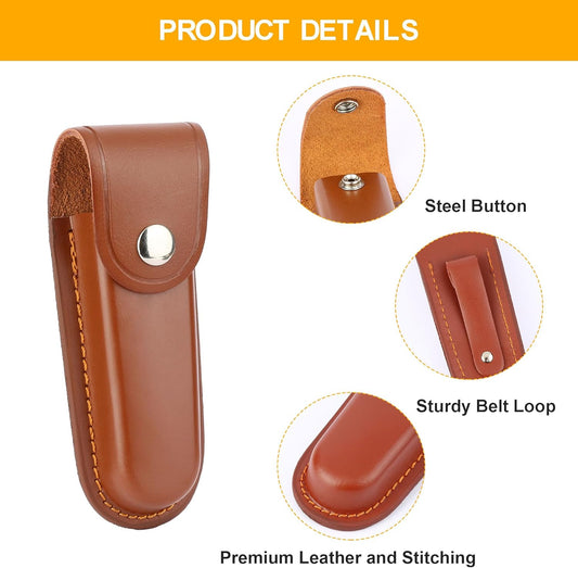 5 Inch Leather Pocket Knife Sheath for Belt Carry | Genuine cowhide folding knife pouch with snap closure for camping, hiking, hunting and everyday EDC carry