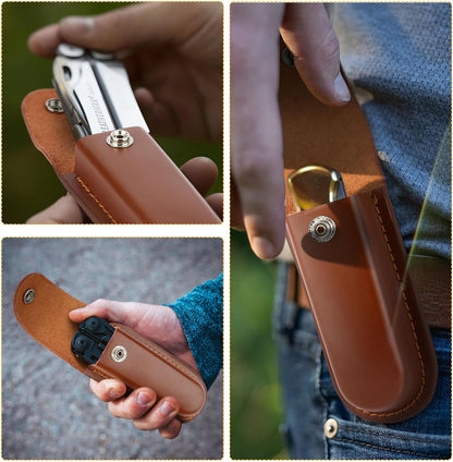 5 Inch Leather Pocket Knife Sheath for Belt Carry | Genuine cowhide folding knife pouch with snap closure for camping, hiking, hunting and everyday EDC carry