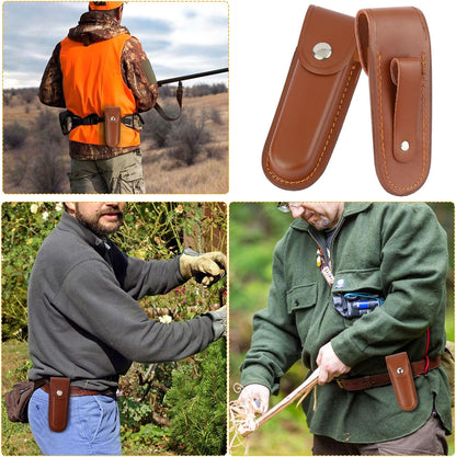 5 Inch Leather Pocket Knife Sheath for Belt Carry | Genuine cowhide folding knife pouch with snap closure for camping, hiking, hunting and everyday EDC carry