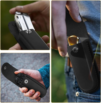 5 Inch Leather Pocket Knife Sheath for Belt Carry | Genuine cowhide folding knife pouch with snap closure for camping, hiking, hunting and everyday EDC carry