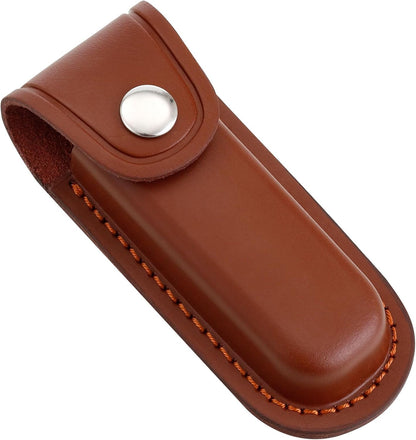 5 Inch Leather Pocket Knife Sheath for Belt Carry | Genuine cowhide folding knife pouch with snap closure for camping, hiking, hunting and everyday EDC carry