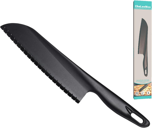 11" Nylon Knife for Nonstick Pans, Plastic Serrated Kitchen Cutter to Cut Cake Brownie Pie Lasagna or Various Veggies and Fruits, Non-Metal Salad or Lettuce Knife, Black