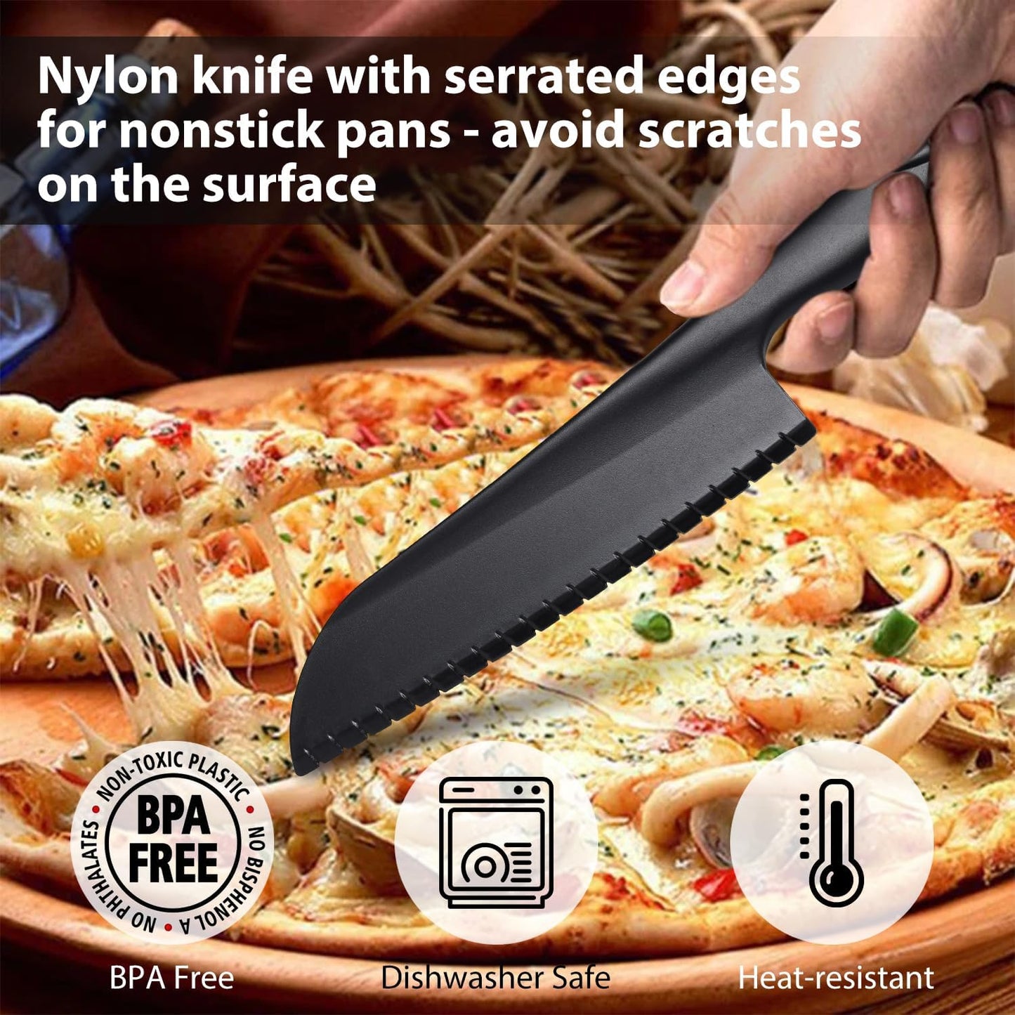 11" Nylon Knife for Nonstick Pans, Plastic Serrated Kitchen Cutter to Cut Cake Brownie Pie Lasagna or Various Veggies and Fruits, Non-Metal Salad or Lettuce Knife, Black