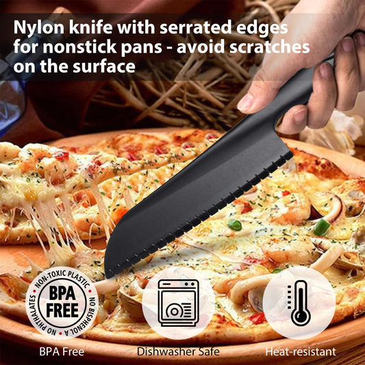 11" Nylon Knife for Nonstick Pans, Plastic Serrated Kitchen Cutter to Cut Cake Brownie Pie Lasagna or Various Veggies and Fruits, Non-Metal Salad or Lettuce Knife, Black